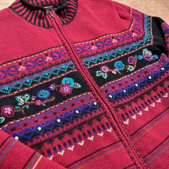 Vintage 90s Floral Embroidered Fair Isles Striped Knit Sweater Zip Up Multicolor - Picture 2 of 5